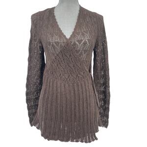 Beyond Threads Open Knit Alpaca Wrap Sweater V-Neck Size Medium Brown